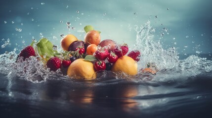 Fototapeta na wymiar a bunch of fruit is splashing into the water with a splash of water on top of it and on the bottom of the picture. generative ai