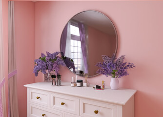 Room interior, mirror, flowers 3d render, 3d illustration