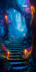 Ancient stairway to a hidden place in the magic forest, misty twilight atmosphere, bright lights and colorful foliage - generative AI