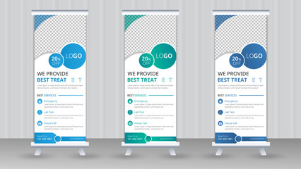 Modern Medical Roll Up banner stand vector creative design set, Hospital x banner or sale banner template billboard of trendy flag banner or pull up banner, Standee clinic template.
