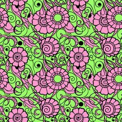 seamless pattern of large pink flowers with a black outline on a green background, texture, design