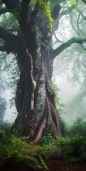 Old big tree in a magic forest, misty mysterious atmosphere - generative AI