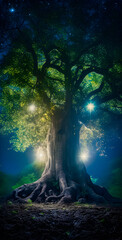 Old big tree with bright lights in a magic forest, misty mysterious atmosphere - generative AI
