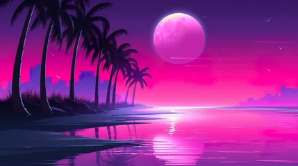 Crédence de cuisine en verre imprimé Roze Neon night landscape with Moon, palm trees and sea. Shining neon colors. Nostalgic scene in retrowave style. Aesthetics of the 80s. Retro wallpaper. Generative AI illustration.