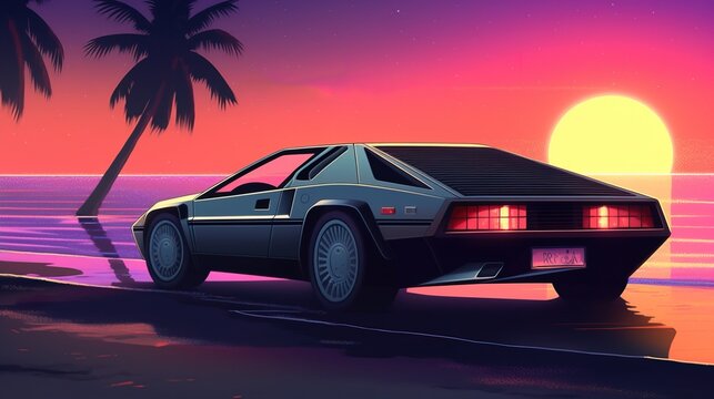 Retro futuristic car. Synthwave. Cyberpunk. Shining neon colors. Nostalgic scene in retrowave style. Aesthetics of the 80s. Retro wallpaper. Generative AI illustration.