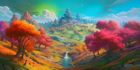 Fototapeta na wymiar A hill of multicolored grass, several cylindrical trees, the leaves of the trees are cotton-shaped, small streams flow along the hill with rainbow-colored water, the landscape is dreamy. Generative AI