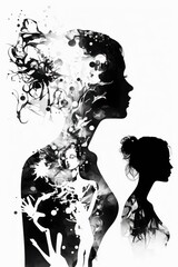 women silhouette with hair, isolated on background, double exposure watercolor, illustrated highlight shadows abstract art style copy space international woman day mother