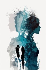 women blue silhouette with hair, isolated on background, double exposure watercolor, illustrated highlight shadows abstract art style copy space international woman day mother