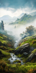 Misty paradise environment with a valley and a river, trees and foliage, stunning view - generative AI