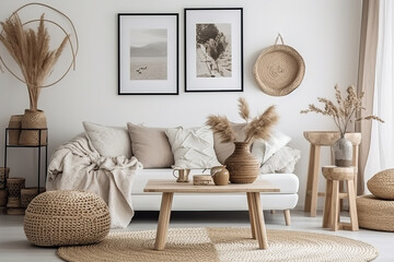 Stylish and modern living room interior in boho style with mockup photo frames, flowers in a vase, wooden table, beige macrame and elegant accessories. Bohemian concept. Generative AI