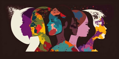 Diverse Women in Celebration: Illustrating International Women's Day and Mother's Day with Feminine Silhouettes and Empowered, face side view, diverse beauty represent, empty copy space, generative ai
