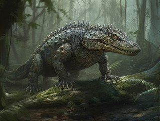 A crocodile hybrid walking in the forest, fantasy concept art. Generative AI
