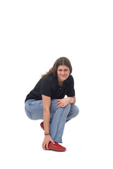 young girl with pain on foot on white background