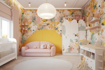 interior of a child's room with a playpen