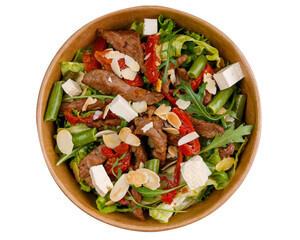 Veal and tofu salad on white background for online restaurant menu, top view 1