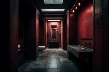 Dark red color palette. Centered perspective. Interior Design