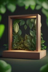 Empty  bamboo podium or wood pedestal display on forest background with leaves cylinder square stand concept. Blank product shelf standing backdrop. 3D rendering, generative ai