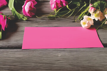 Papel de carta rosa em mesa de madeira com flores