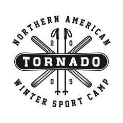 Vintage retro winter sport ski snowboard or adventure emblem, logo, badge, label. mark, poster or print. Monochrome Graphic Art. Engraving woodcut style.