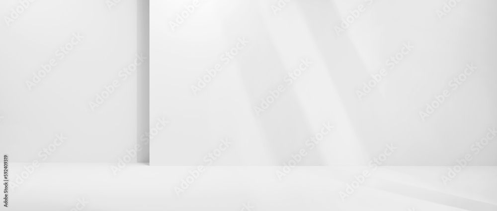 Poster white empty room with sunlight and shadows background, empty studio room background