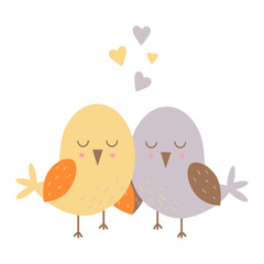 Vector illustration with cute cuddling birds. Flat style, stylish colors