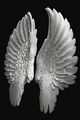 White angel wings isolated on black background, Dimensional model full body asset, bird feather design natural angelic flying organ