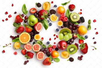 Naklejka na ściany i meble Frame of various flying or falling summer fruits, berries and vegetables on transparent background. Healthy food. Detox and dieting concept. Generative AI