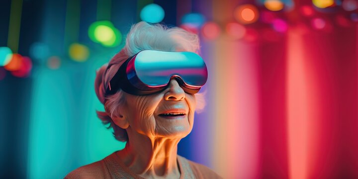 Senior woman with gray hair in vr glasses plays in online game. Virtual reality at home and modern device, generative ai