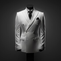 white suit on a mannequin isolated on dark background ,black tie white shirt elegant luxury fashion, suit mockup template product displacement