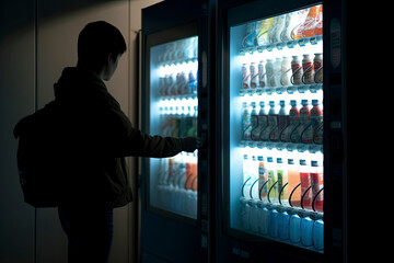 AI generated fictional person. Person consuming drinks from food vending machine