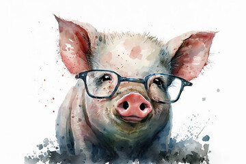 Generative AI. Funny pig, watercolor illustration. Farm animal.