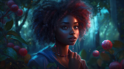 Beautiful afro girl, portrait of a woman in a beautiful fruit blooming garden Life and life of African peoples. Created with AI.