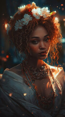 Beautiful afro girl, portrait of a red-haired princess in a beautiful dress and flower decorations. Woman at the flower market. Created with AI.