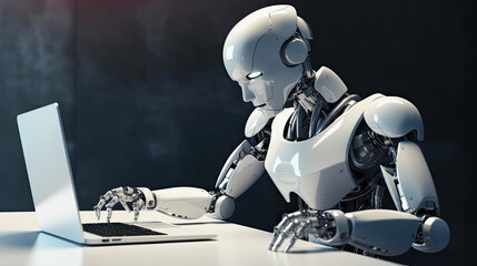 Fototapeta premium generative ai illustration of a white robot sitting at a table and working with a laptop