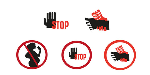 Set of prohibition signs. Clipart, abstraction, logo. Stop war sign, stop hand sign, prohibition sign Pregnant women are not allowed to drink, prohibition stop hand sign, prohibition stop war sign.