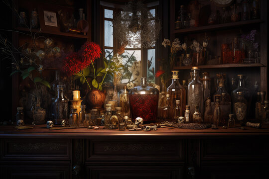 Alchemist room with old books, skull and bottle with potion. Generative ai