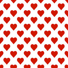 Seamless pattern of repeating rows of red hearts on a transparent background