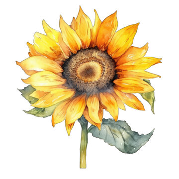 Sunflower isolated on transparent background. Watercolor botanical illustration. Generative AI