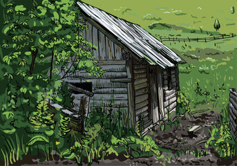 An old wooden village house or a barn in summer time. A green landscape of the village in a valley with an old wooden building with a roof damaged by time