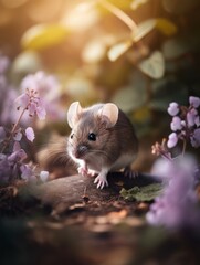Cute little mouse with beautiful flowers soft colours and a lot of blur bokeh