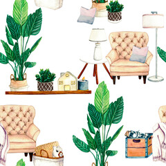 Watercolor seamless pattern with home plant, wax candlt, ceramic houses lanterns, armchair, shelf, vase with dried flowers, coffee table, wicker basket with lama toy, wooden box, firewood. Illustratio