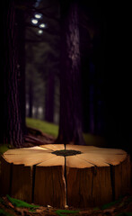 3D Photorealistic AI (Artificial Intelligence) Generated Empty Clear Natural Hallow Wood Tree Stump in Deep Dark Dense Wood for Production Presentation Sample Example Mockup 