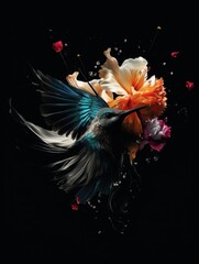 Obraz na płótnie Canvas fine art colobri bird in a explosion of flowers and colors generative ai