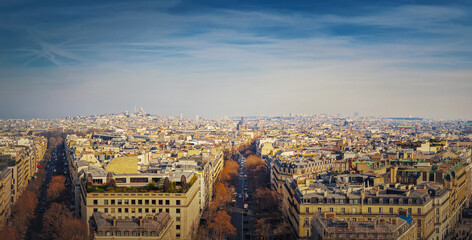 Paris cityscape panoramic view to Sacre Coeur Basilica of Montmartre, France. Beautiful parisian...