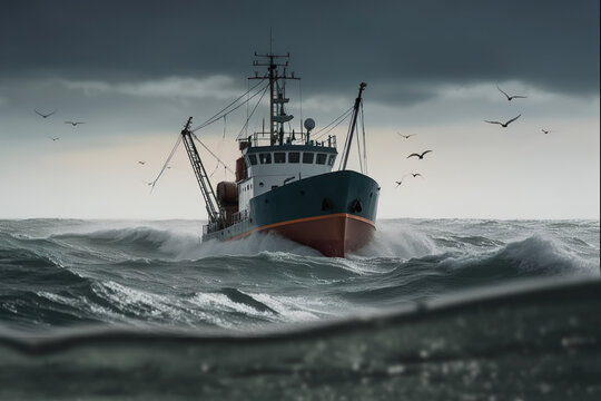 Fischkutter in rauer See, auf der Nordsee begleitet von M&ouml;ven, Blick Unterwasser, generative AI