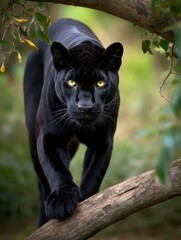 Naklejka na ściany i meble realistic black panther walking in the jungle generative ai