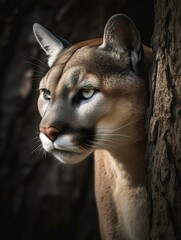 cougar cat beautiful with flowers in the forest portrait close up generatieve ai