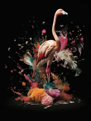 Deurstickers fine art flamingo bird in a explosion of flowers and colors generative ai © Femke