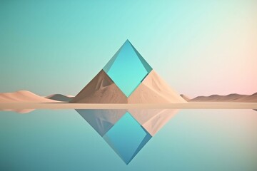 Naklejka na ściany i meble Surreal desert landscape with mirror triangle, blue sky. minimal abstract background. ai generative. Generative AI