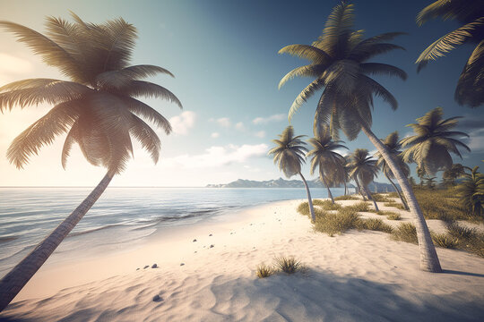 Sunny beach with palms and white sand. AI generated image